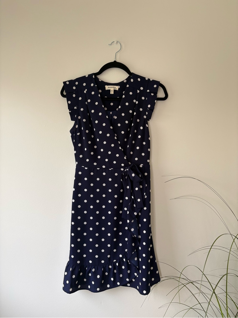 Monteau Navy and White Polka Dot Wrap Short Dress